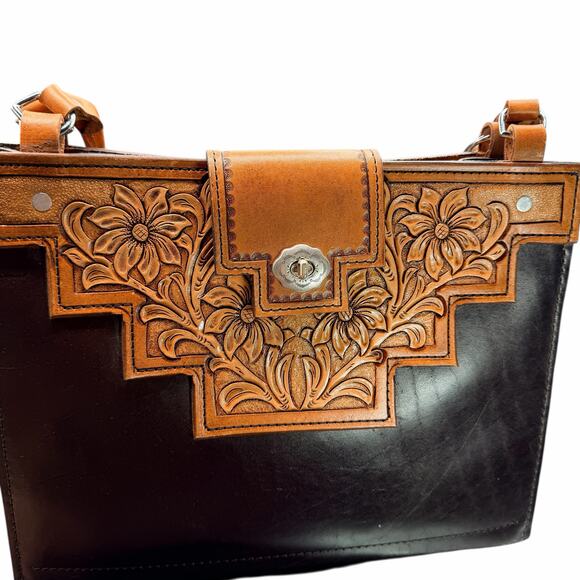 John Wheeler Maker Hand Tooled Leather Floral Shoulder Bag Western Boho Brown - Picture 7 of 14